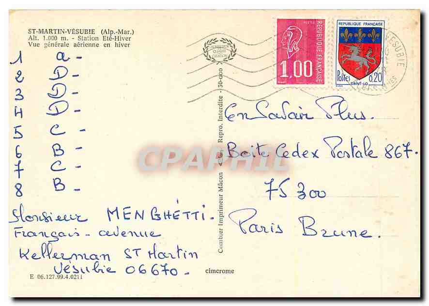 CPM St Martin Vesubie Alp Mar Vue generale aerienne en hiver  — Rückseite