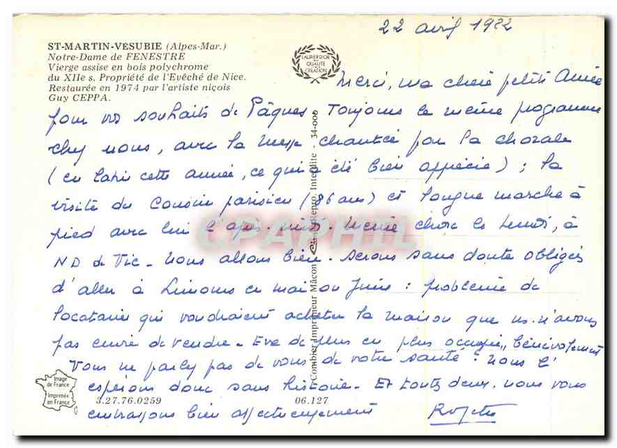 CPM St Martin Vesubie Alpes Mar Notre Dame de Fenestre  — Rückseite