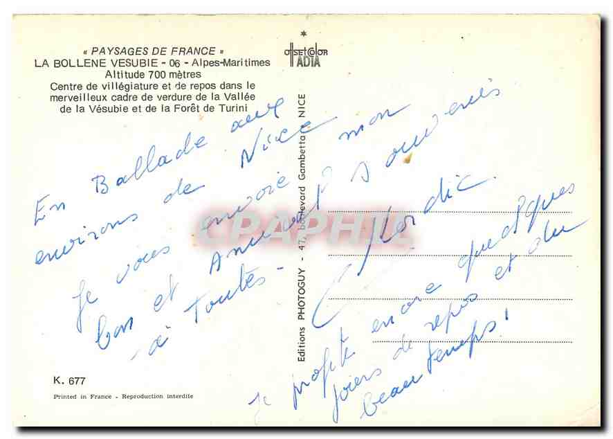 CPM Paysages de France La Bollene Vesubie Alpes Maritimes Centre de villegiature et de repos dans le — Rückseite
