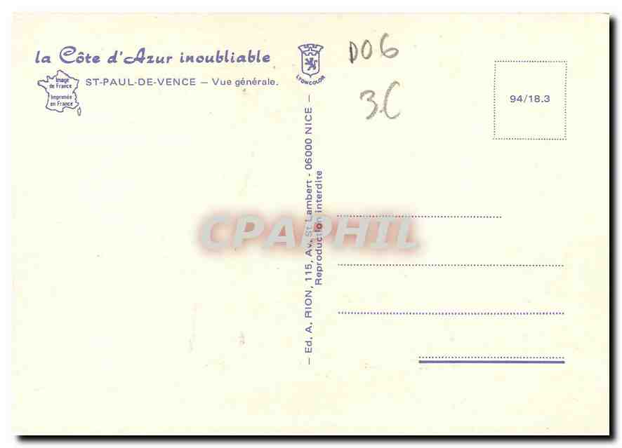 CPM La Cote d'Azur St Paul de Vence Vue generale  — Rückseite