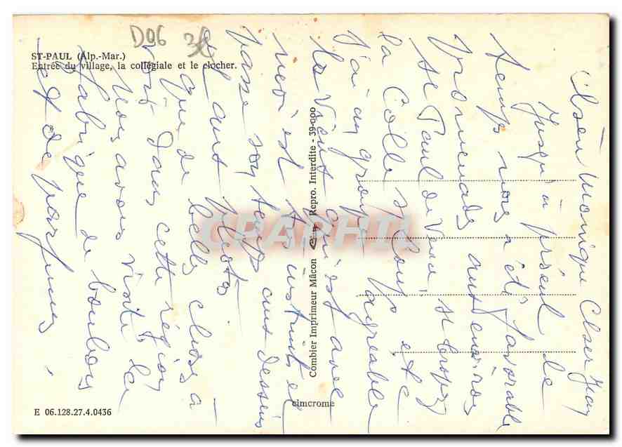 CPM St Paul Alp Mar Entree du village la collegiale et le clocher  — Verso
