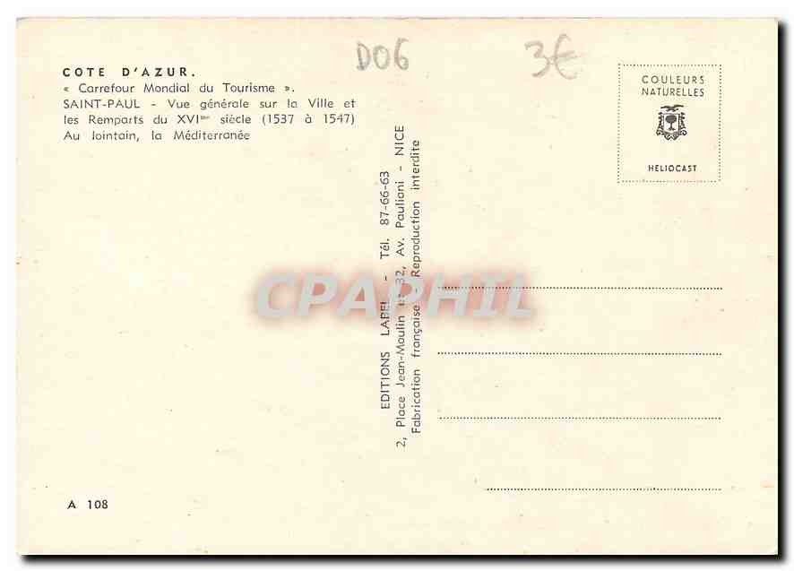 CPM Cote d'Azur Carrefour mondial du Tourisme Saint Paul Vue generale sur la Ville et les Remparts a — Rückseite