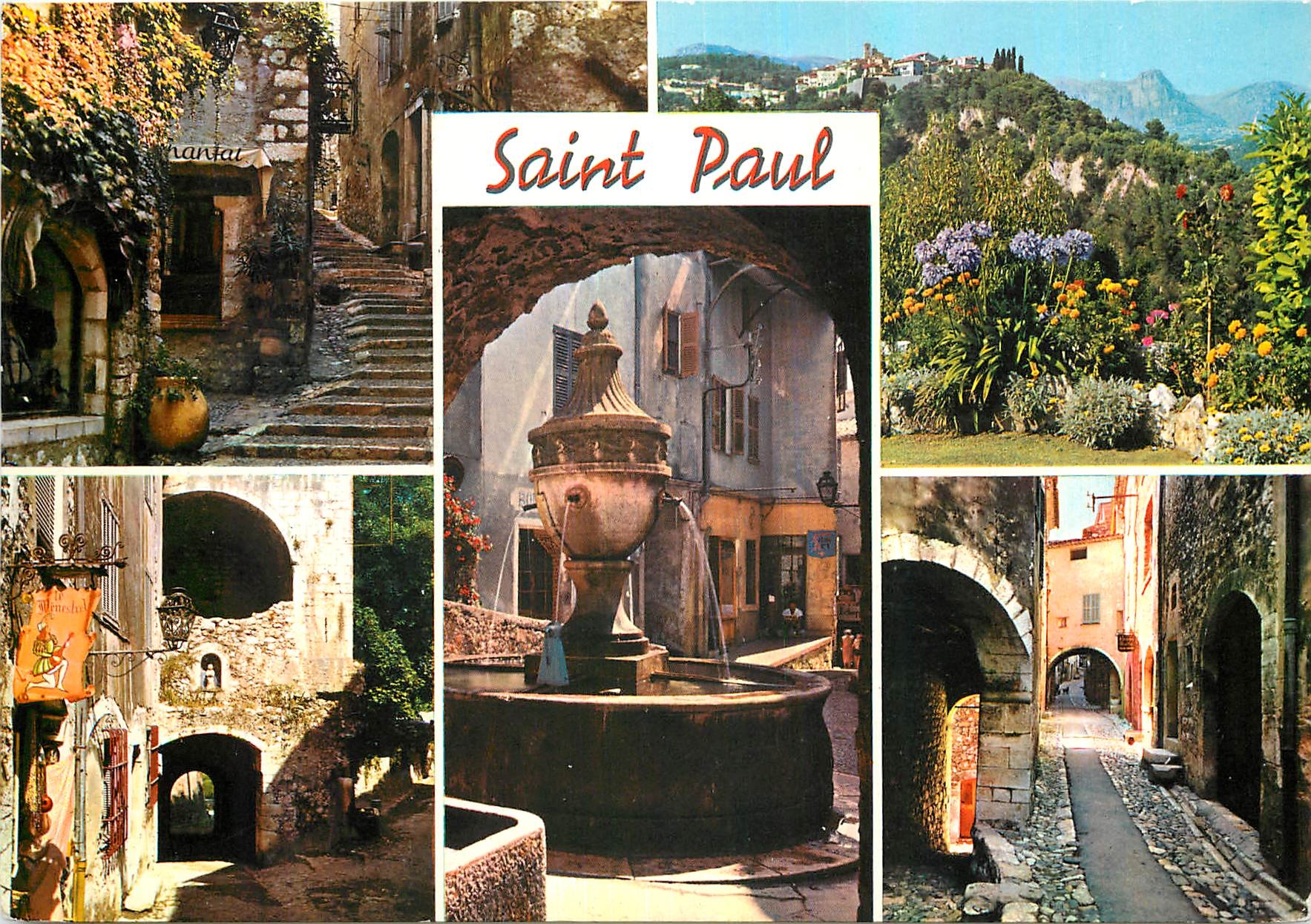 CPM La Cote d'Azur St Paul de Vence Montee de l'Eglise Vue generale Le Portail La Fontaine Rue pitto