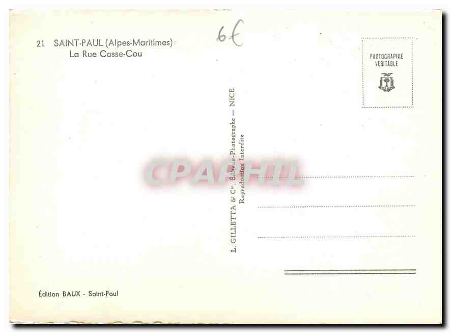 CPM Saint Paul Alpes Maritimes La Rue Casse Cou  — Rückseite