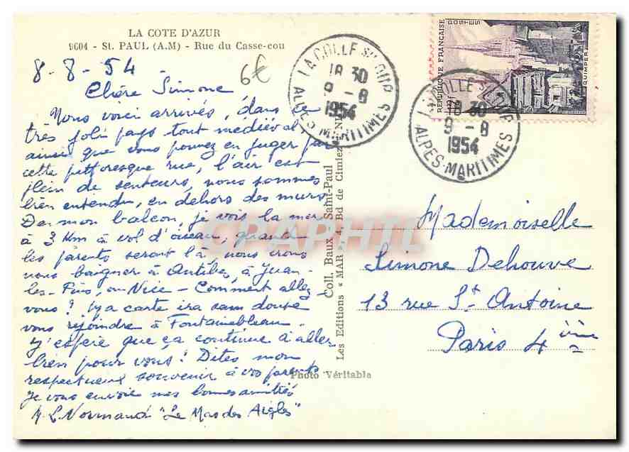 CPM La Cote d'Azur St Paul A M Rue du Casse Cou  — Rückseite