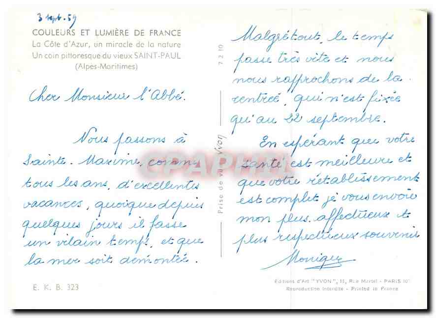 CPA Couleurs et Lumiere de France La Cote d'Azur miracle de la nature Un coin pittoresque du vieux S — Rückseite
