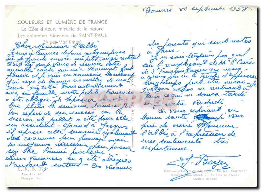 CPA Couleurs et Lumiere de France La Cote d'Azur miracle de la nature Les colombes blanches de Saint — Rückseite