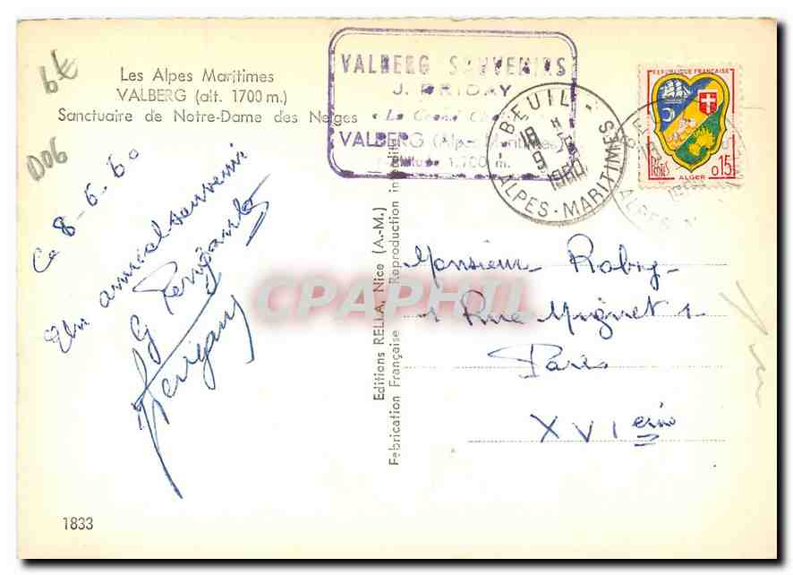 CPM Les Alpes Maritimes Valberg Sanctuaire de Notre Dame des Neiges  — Rückseite