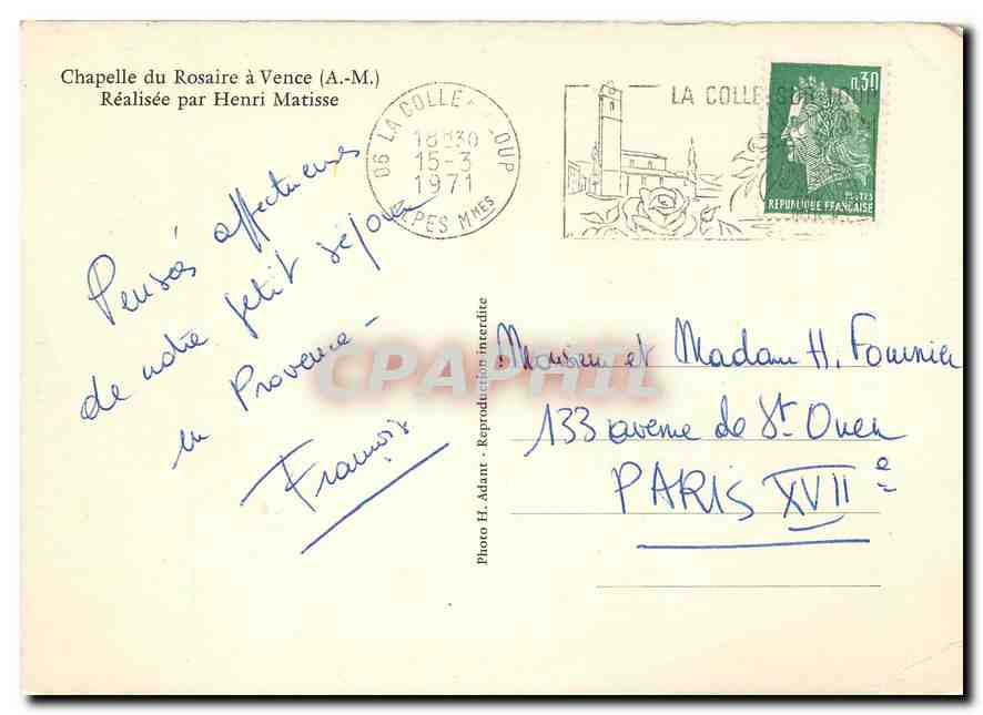 CPM Chapelle du Rosaire a Vence A M  — Rückseite