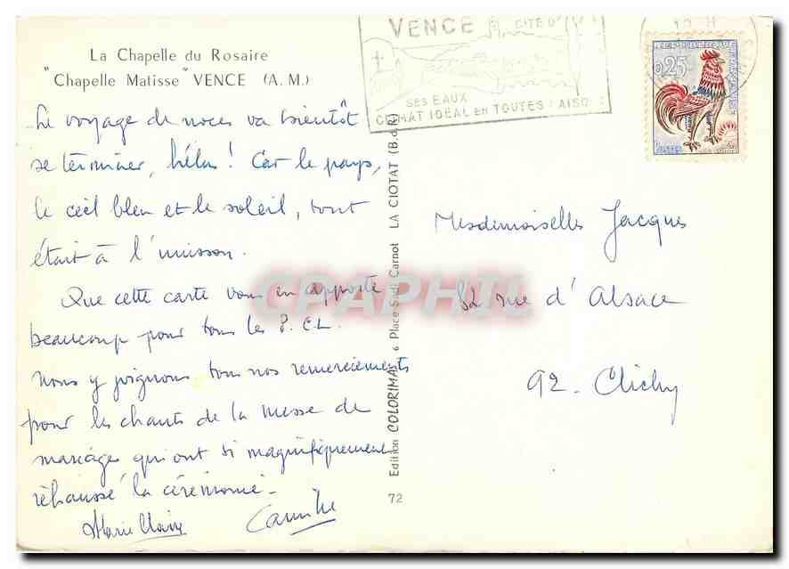 CPM La Chapelle du Rosaire Chapelle Malisse Vence A M  — Rückseite