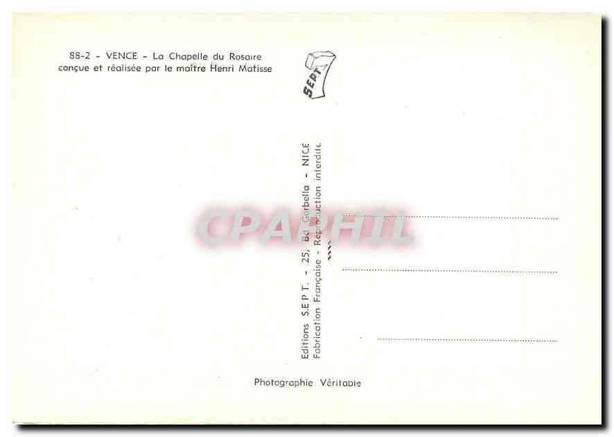 CPM Vence La Chapelle du Rosaire  — Rückseite