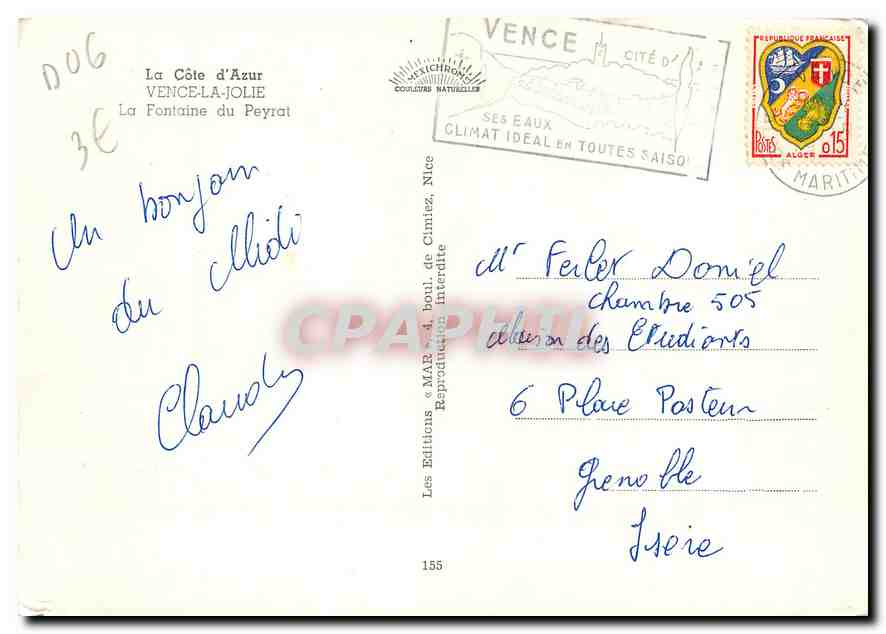 CPM La Cote d'Azur Vence la Jolie La Fontaine du Peyrat  — Rückseite