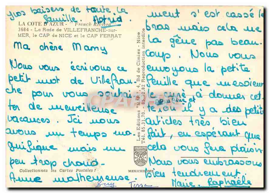 CPM La Cote d'Azur French Riviera La Rade de Villefranche sur Mer le Cap de Nice et le Cap Ferrat  — Rückseite