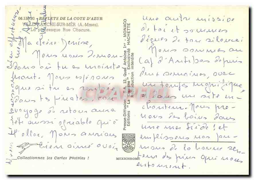 Rue Obscure — Villefranche-sur-Mer — Éditions "La Côte d'Azur" — Verso