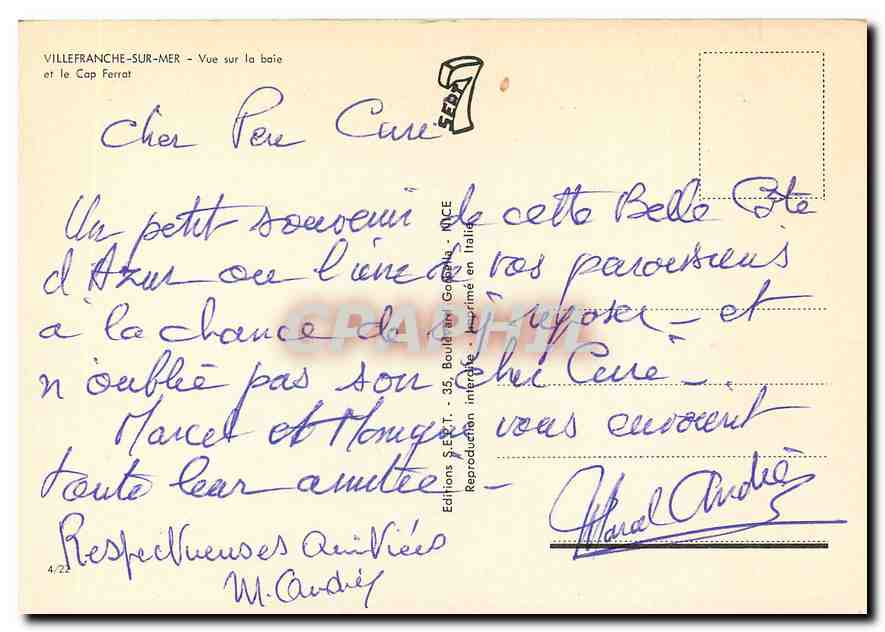 CPM Villefranche sur Mer Vue sur la baie et le Cap Ferrat  — Rückseite