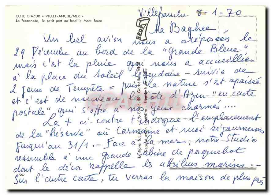 CPM Cote d'Azur Villefranche Mer La Promenade le petit port au fond le Mont Boron  — Rückseite