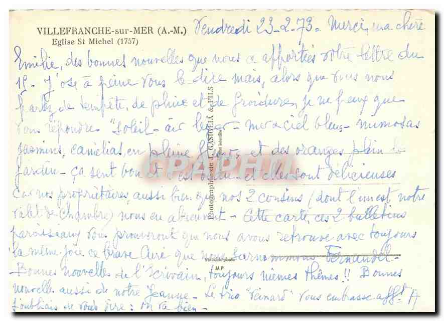 CPM Villefranche sur Mer A M Eglise St Michel  — Verso