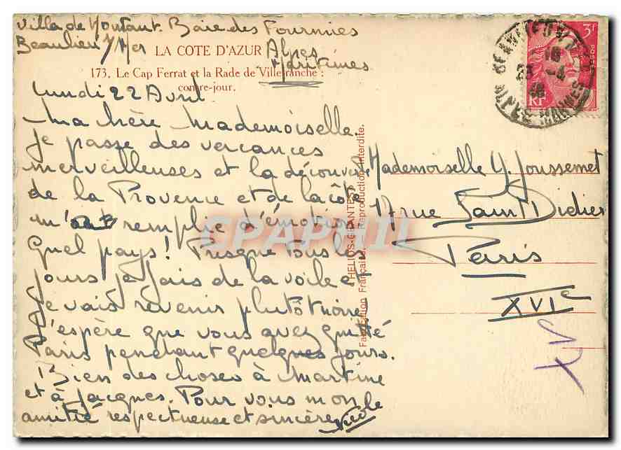 CPM La Cote d'Azur Le Cap Ferrat et la Rade de Villefranche  — Rückseite