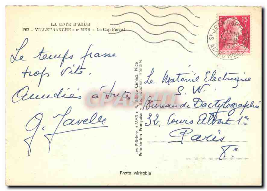 CPM La Cote d'Azur Villefranche sur Mer Le Cap Ferrat  — Rückseite