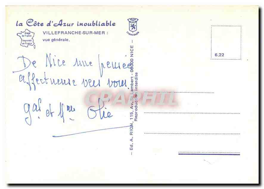 CPM La Cote d'Azur Villefranche sur Mer vue generale  — Rückseite