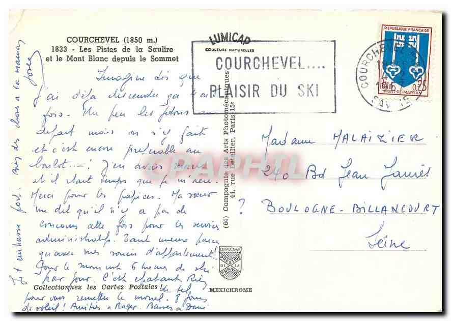 CPM Courchevel Les Pistes de la Saulire et le Mont Blanc depuis le Sommet  — Verso