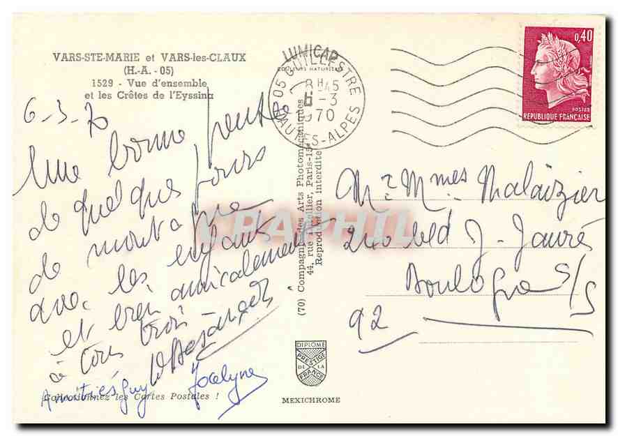 Vars-Ste-Marie et Vars-les-Claux — Vue d'ensemble et les Crêtes de l'Eyssaint — Compagnie des Arts Photographiques — Verso