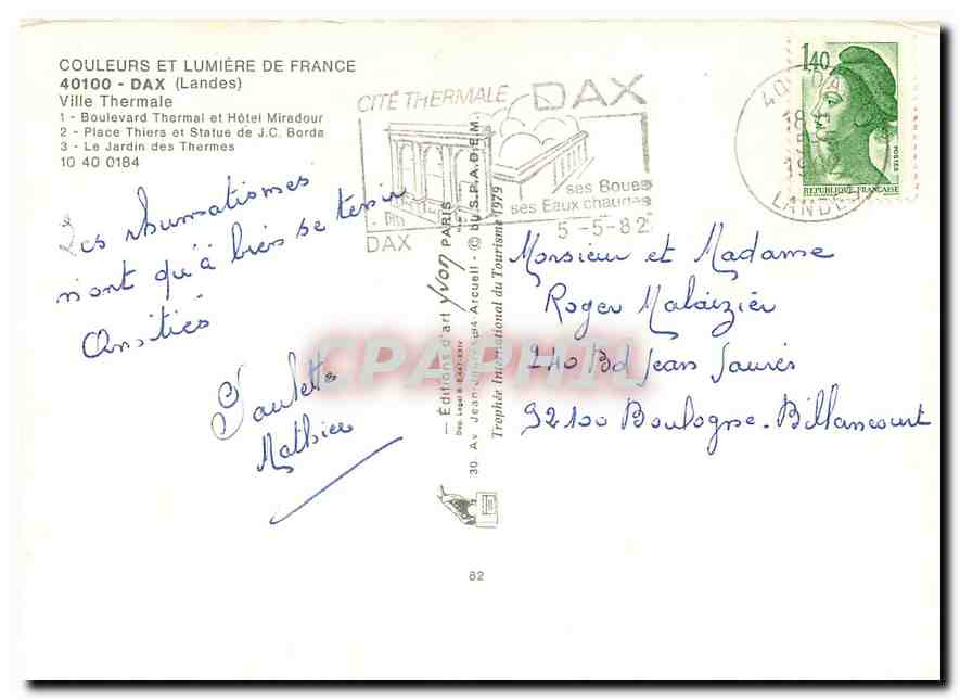 CPM Couleurs et Lumiere de France Dax Landes Ville Thermale Boulevard Thermal et Hotel Miradour Plac — Rückseite