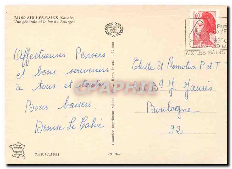 CPM Aix les Bains Savoie Vue generale et le lac du Bourget  — Verso