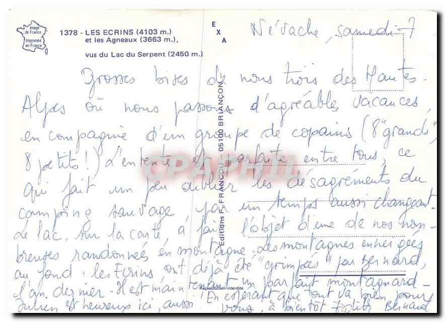CPM Les Ecrins et les Agneaux vus du Lac du Serpent  — Rückseite