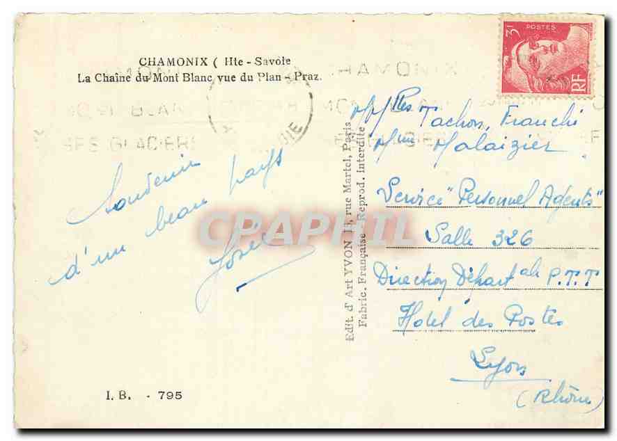 La Chaîne du Mont Blanc vue du Plan Praz — Éd. J. Art Yvon, Paris — Verso
