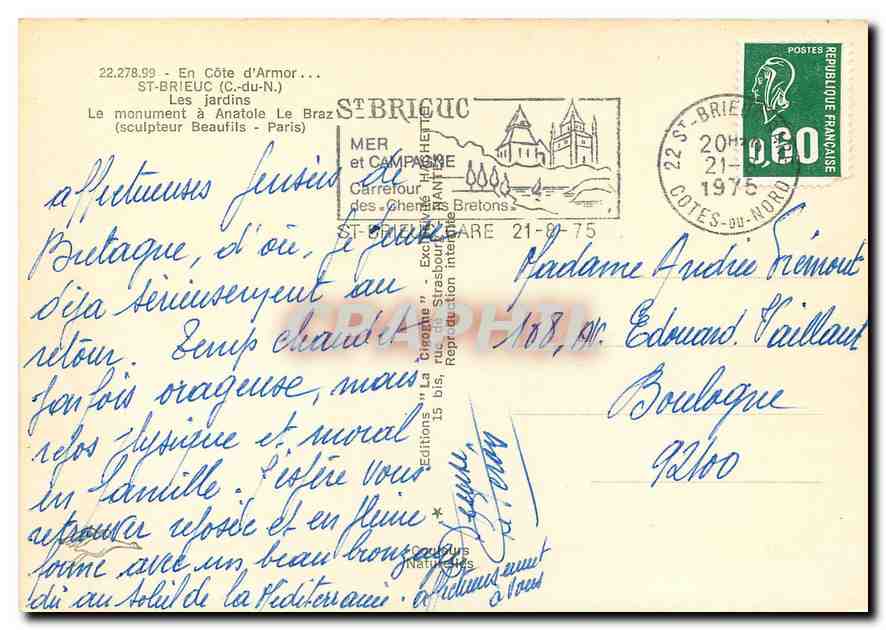 CPM En Cote d'Armor St Brieuc C du N Les Jardins Le monument a Anatole Le Braz  — Rückseite