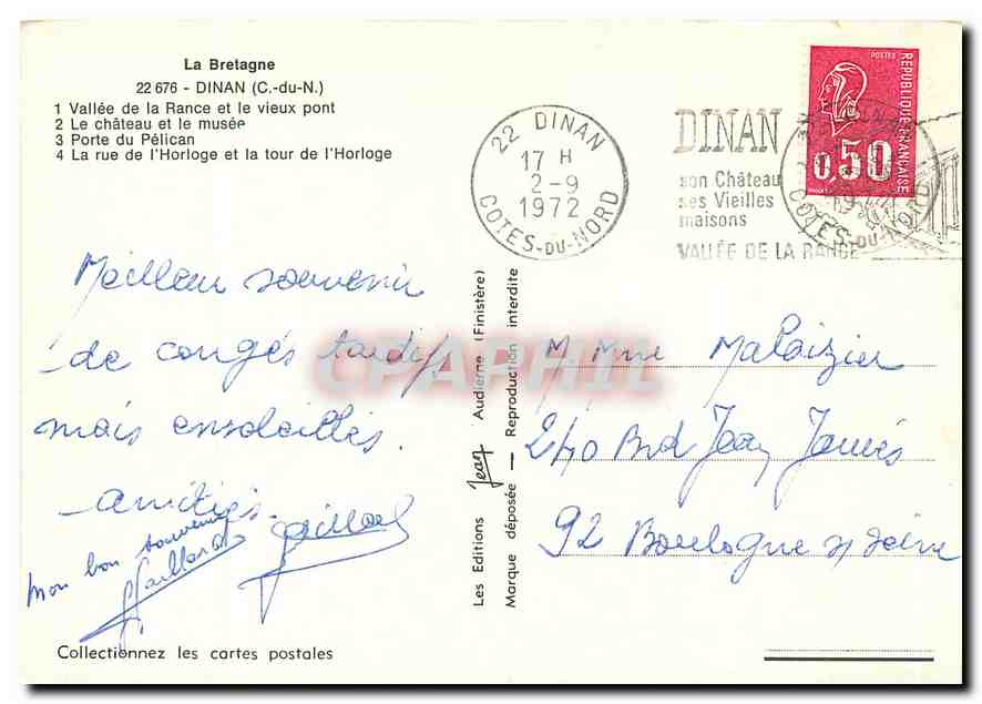 CPM La Bretagne Dinan C du N Vallee de la Rance et le vieux pont le chateau et le musee Porte du Pel — Rückseite