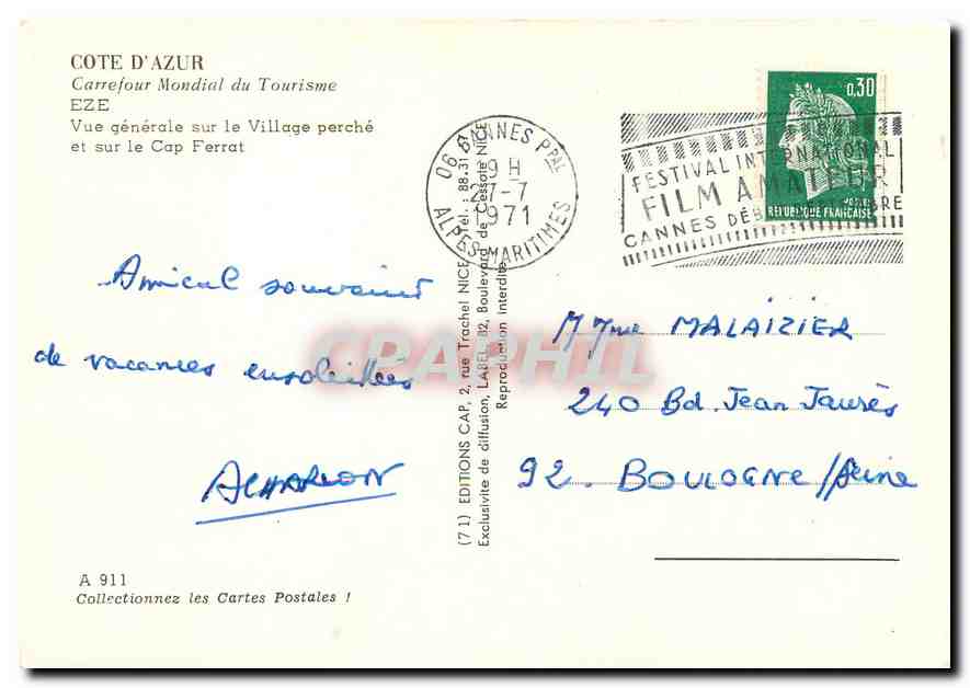 CPM Cote d'Azur Carrefour Mondial du Tourisme Eze Vue generale sur le Village perche et sur le Cap F — Rückseite