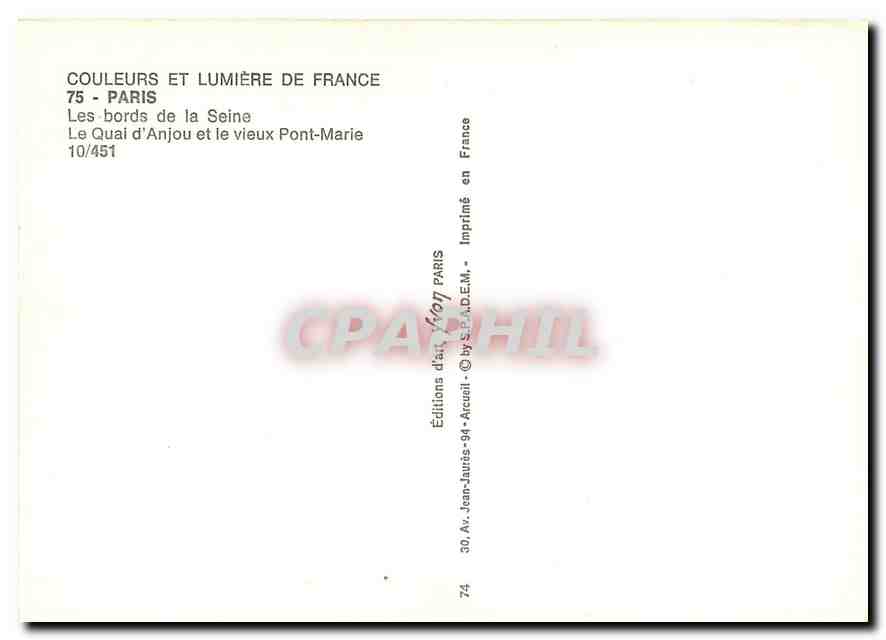 CPM Couleurs et Lumiere de France Paris Les bords de la Seine Le Quai d'Anjou et le Vieux Pont Marie — Rückseite