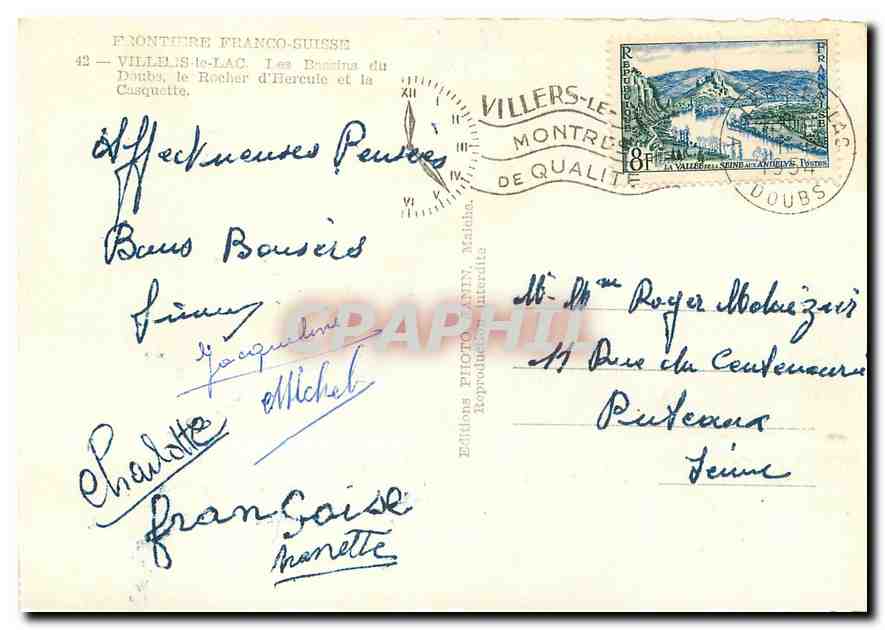 CPM Frontiere Franco-Suisse Villers le Lac les Bassins du Doubs le Rocher d'Hercule et la Casquette  — Rückseite