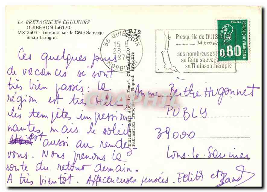 CPM La Bretagne en Couleurs Quiberon Tempete sur la Cote Sauvage et sur la digue  — Rückseite