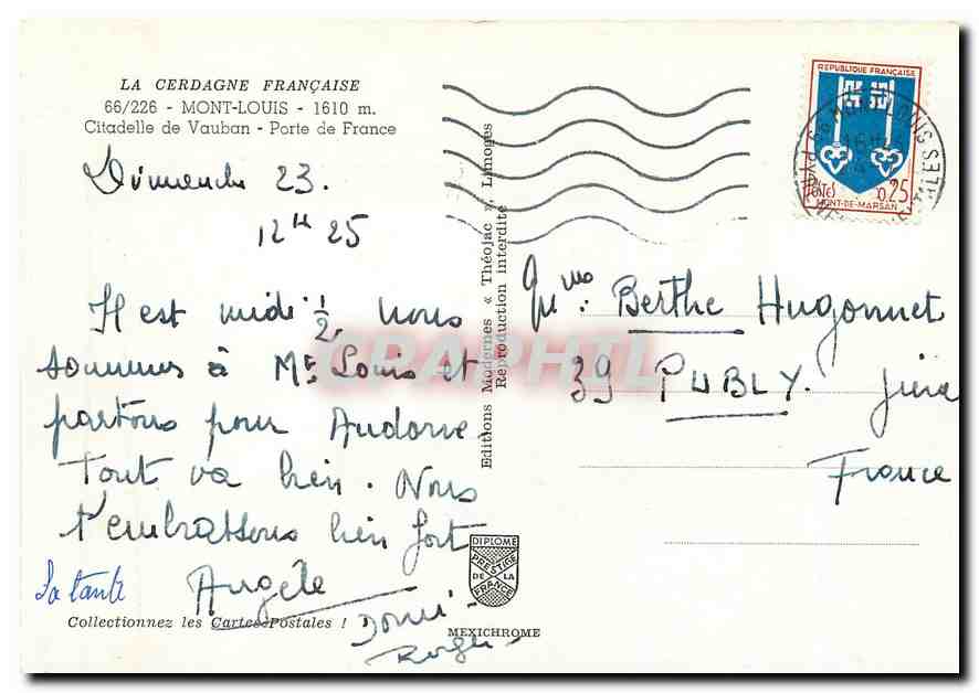 CPM La Cerdagne Francaise Mont Louis Citadelle de Vauban Porte de France  — Rückseite