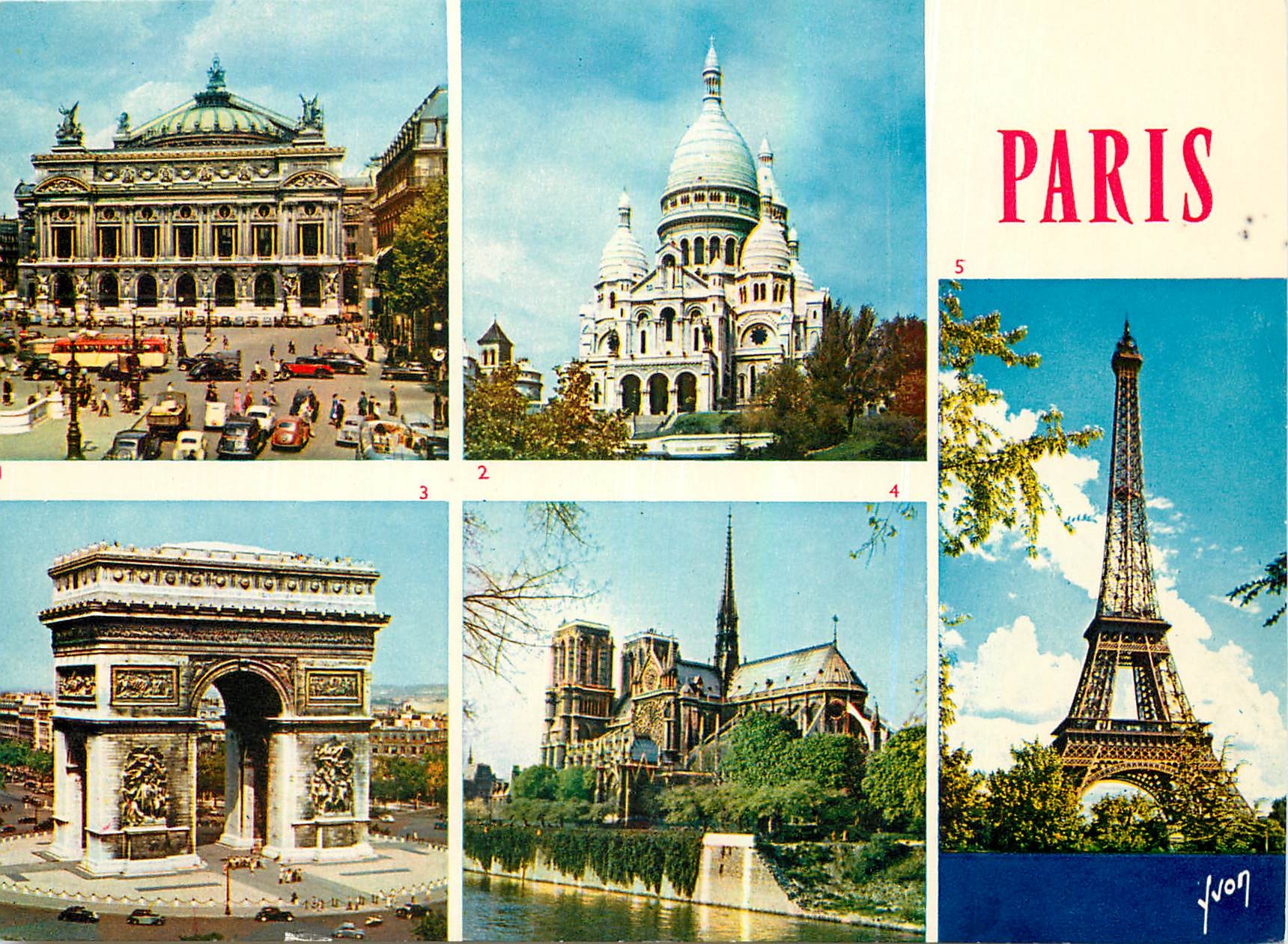 CPM Paris l'Opera BAsilique du Sacre Coeur l'Arc de Triomphe Notre Dame la Tour Eiffel 