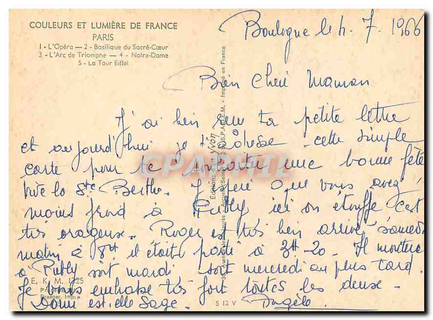 CPM Paris l'Opera BAsilique du Sacre Coeur l'Arc de Triomphe Notre Dame la Tour Eiffel  — Rückseite