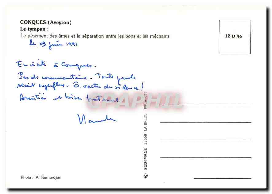 CPM Conques Aveyron Le tympan Le pesement des ames et la separation entre les bons et les mechants  — Rückseite