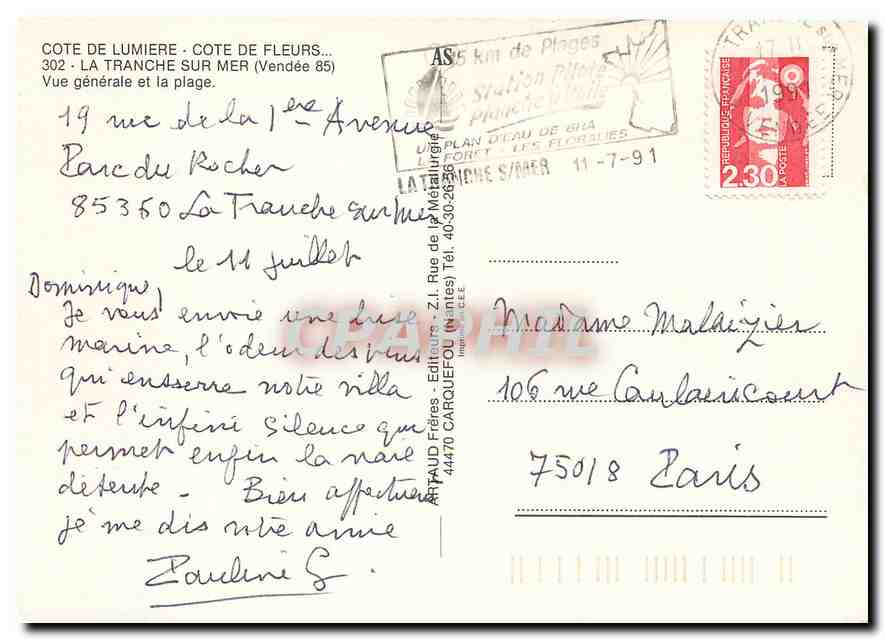 CPM Cote de Lumiere Cote de Fleurs La Tranche sur Mer Vendee Vue generale et la Plage  — Back