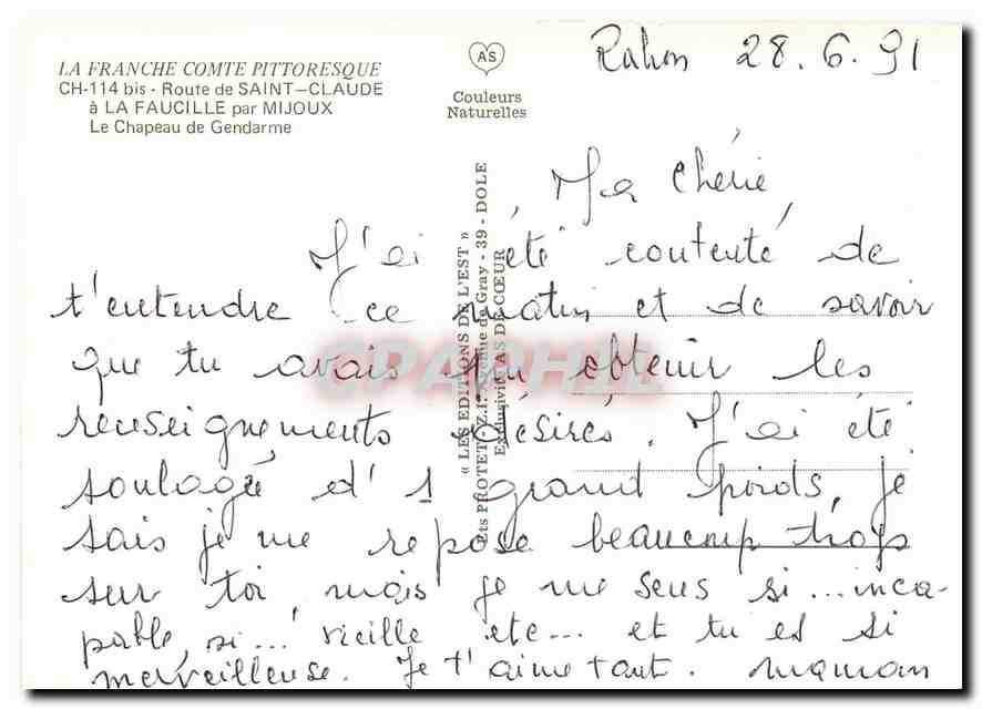 CPM La Franche Comte Pittoresque Route de Saint Claude a la Faucille par Mijoux Le Chapeau de Gendar — Back