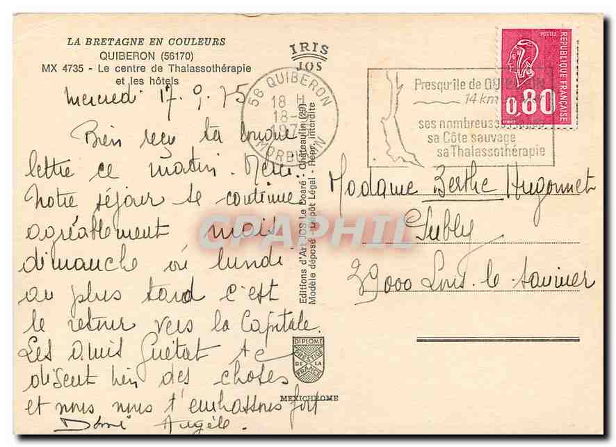 CPM La Bretagne en Couleurs Quiberon Le centre de Thalassotherapie et les hotels  — Rückseite