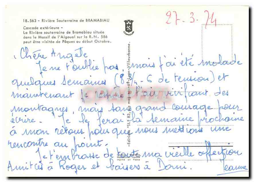 CPM Riviere Souterraine de Bramabiau Cascade exterieure  — Rückseite