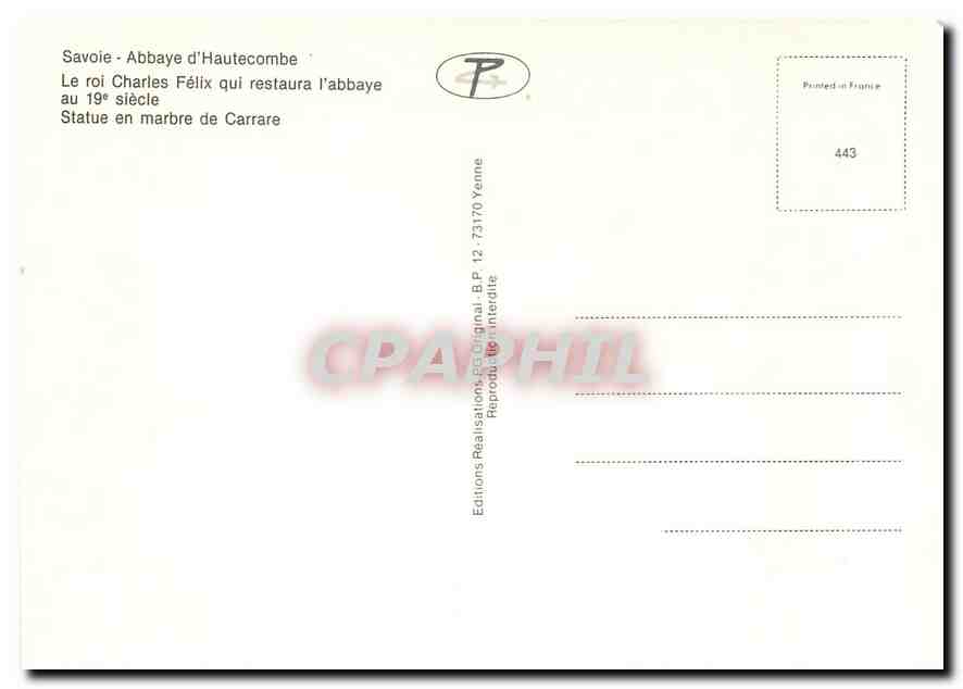 CPM Savoie Abbaye d'Hautecombe Le Roi Charles Felix Statue en marbre de Carrare  — Rückseite