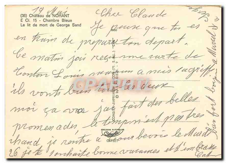 CPM Chateau de Nohant Chambre bleue Le lit de mort de George Sand  — Rückseite