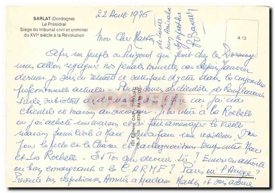 CPM Sarlat Dordogne le presidial Siege du Tribunal civil et criminel du XVI siecle a la Revolution  — Rückseite