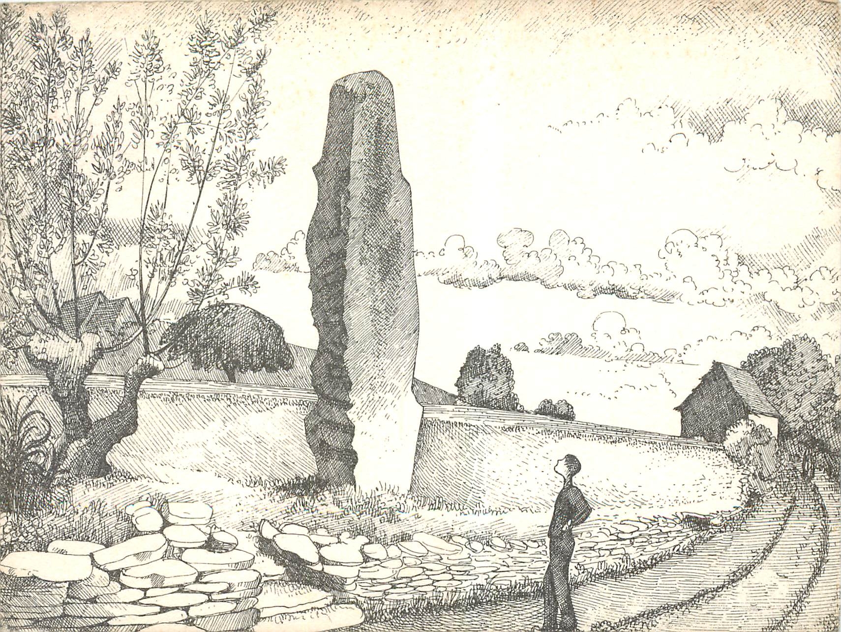 CPM St Clement sur Guye les Terres Bobillots le Menhir pierre plantee dessin de Michel Bouillot 