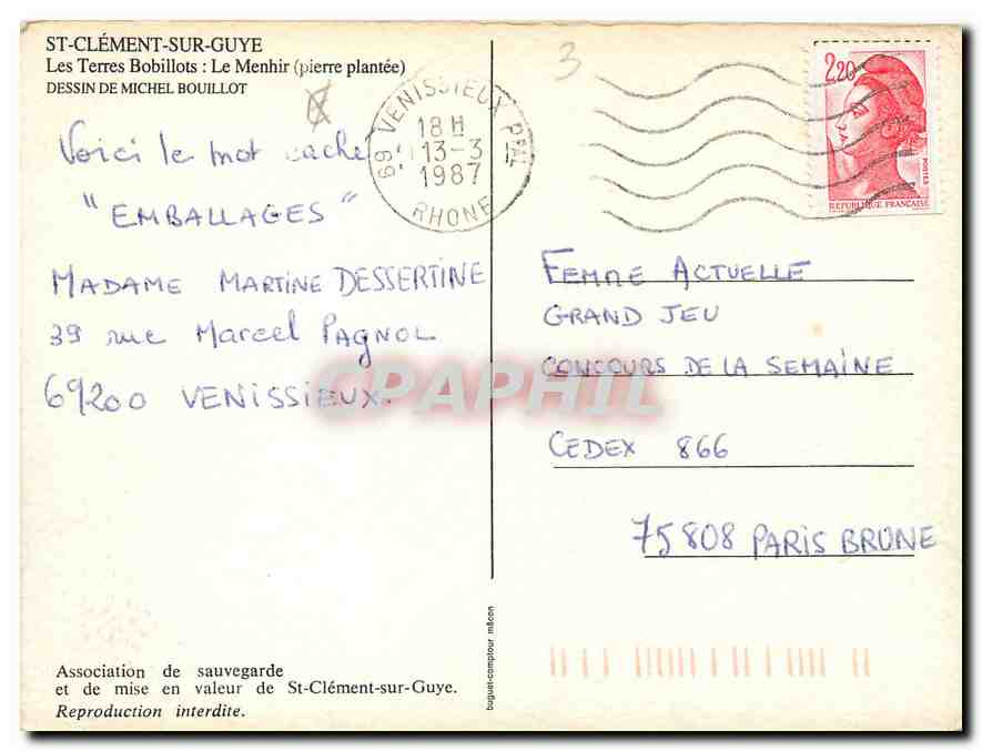 CPM St Clement sur Guye les Terres Bobillots le Menhir pierre plantee dessin de Michel Bouillot  — Back