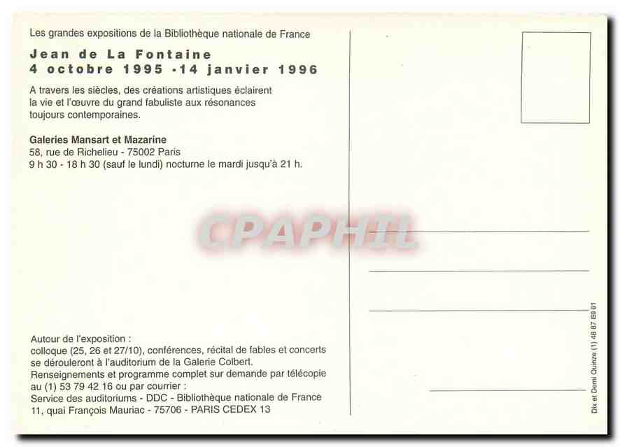 CPM Les Grandes expositions de la Bibliotheque nationale de France Jean de la Fontaine 4 Octobre 199 — Verso